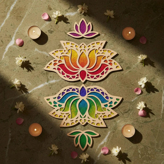 Lotus Rangavalli Diwali Combo (2 Lotus Rangoli, 2 Kamal Borders, 5 Colours pack) — Diwali Wooden Gift | Woodwaley