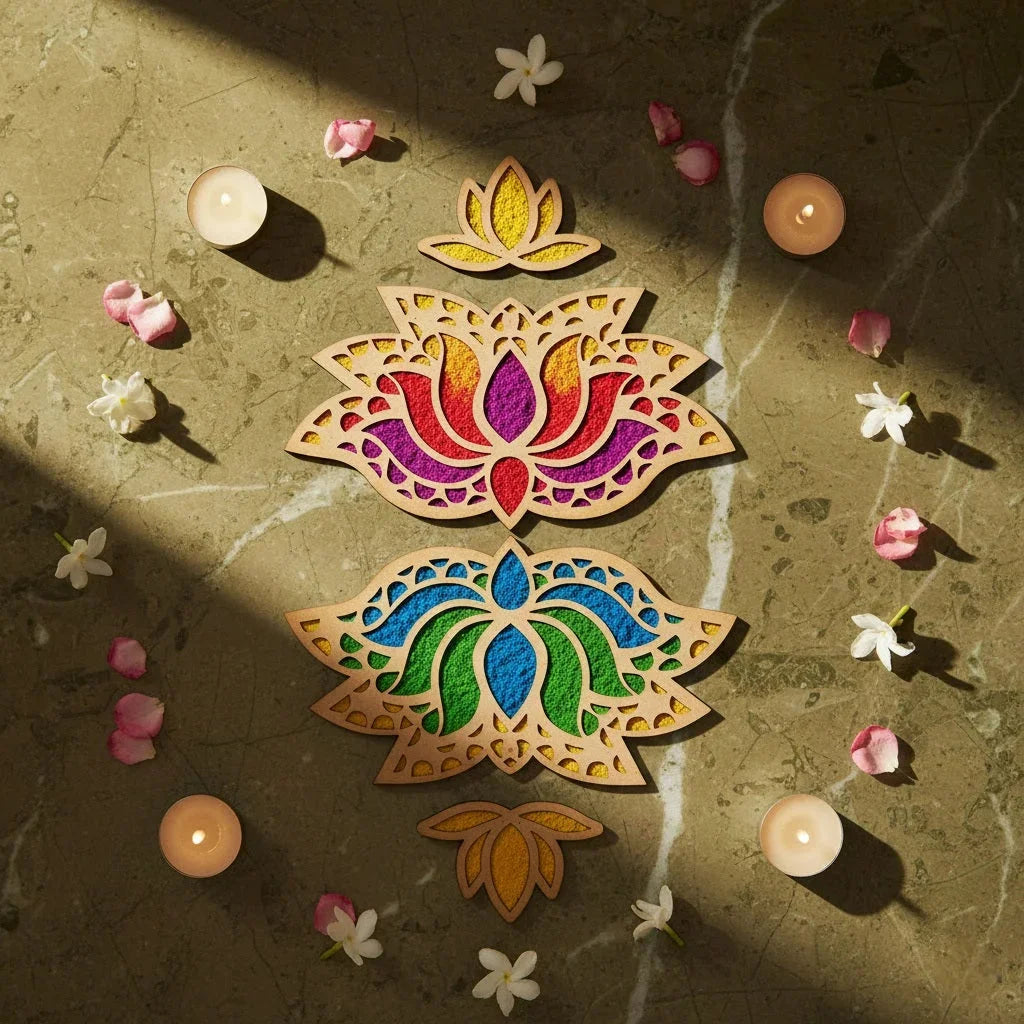 Lotus Rangavalli Diwali Combo (2 Lotus Rangoli, 2 Kamal Borders, 5 Colours pack) — Diwali Wooden Gift | Woodwaley