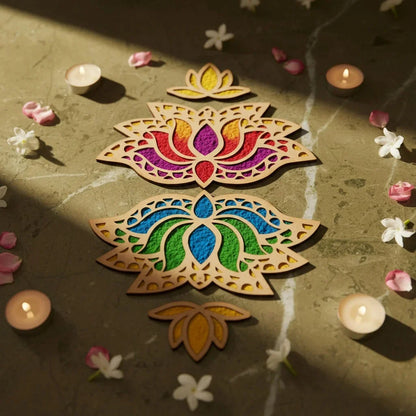 Lotus Rangavalli Diwali Combo (2 Lotus Rangoli, 2 Kamal Borders, 5 Colours pack) — Diwali Wooden Gift | Woodwaley