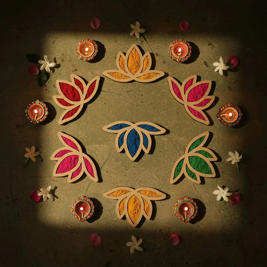 Lotus Rangoli Borders 6 inch — Diwali Wooden Gift | Woodwaley