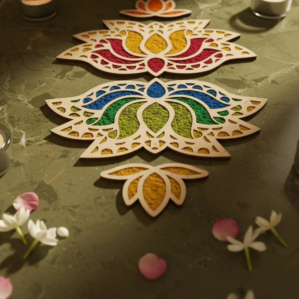 Lotus Rangavalli Diwali Combo (2 Lotus Rangoli, 2 Kamal Borders, 5 Colours pack) — Diwali Wooden Gift | Woodwaley