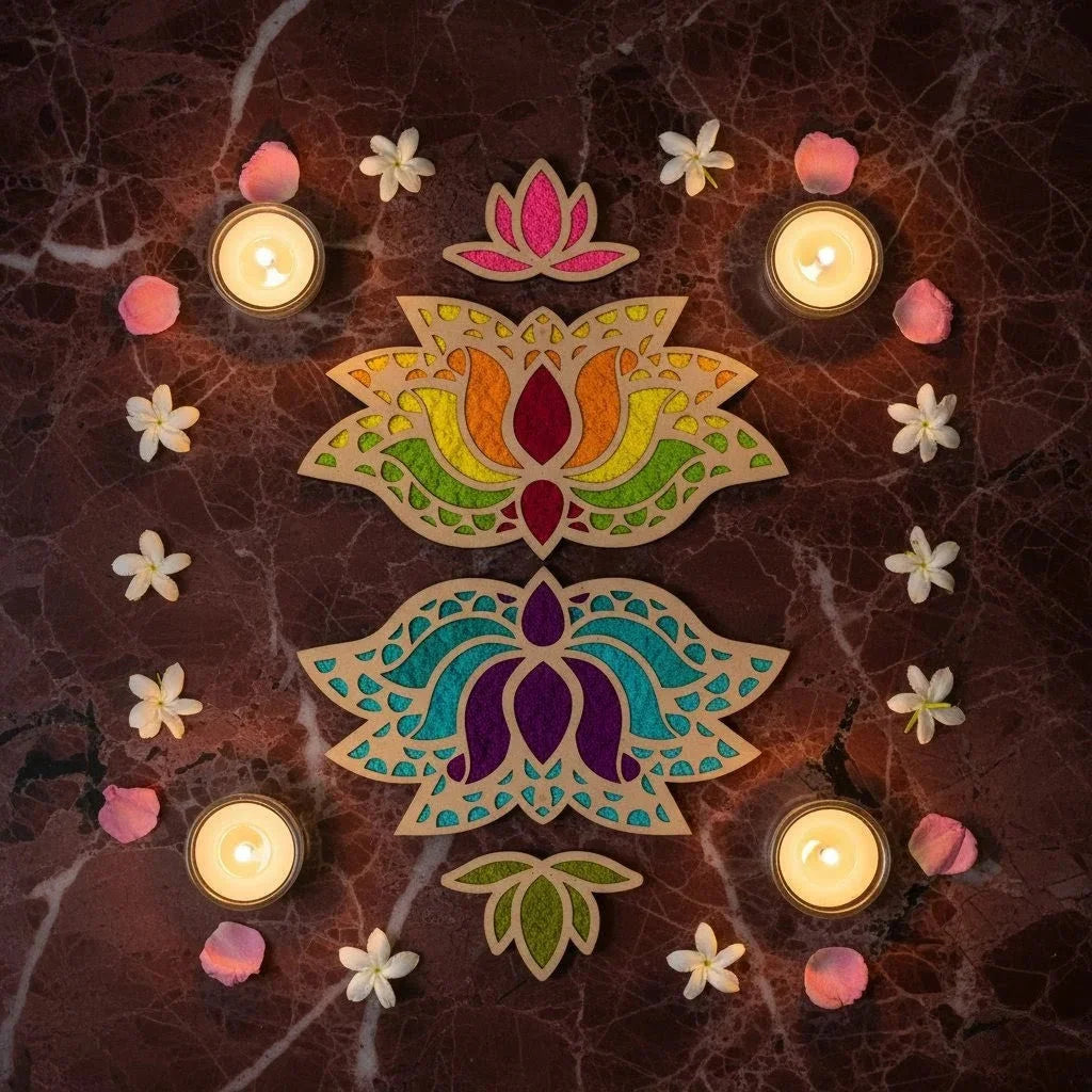 Lotus Rangavalli Diwali Combo (2 Lotus Rangoli, 2 Kamal Borders, 5 Colours pack) — Diwali Wooden Gift | Woodwaley