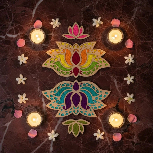 Lotus Rangavalli Diwali Combo (2 Lotus Rangoli, 2 Kamal Borders, 5 Colours pack) — Diwali Wooden Gift | Woodwaley