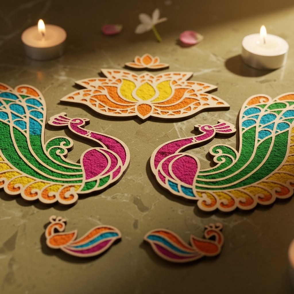 Woodwaley Rangavalli Diwali Combo (2 Mayur Rangoli, 1 Lotus Rangoli, 1 Kamal, 2 Mayur Borders, 5 Colours pack)