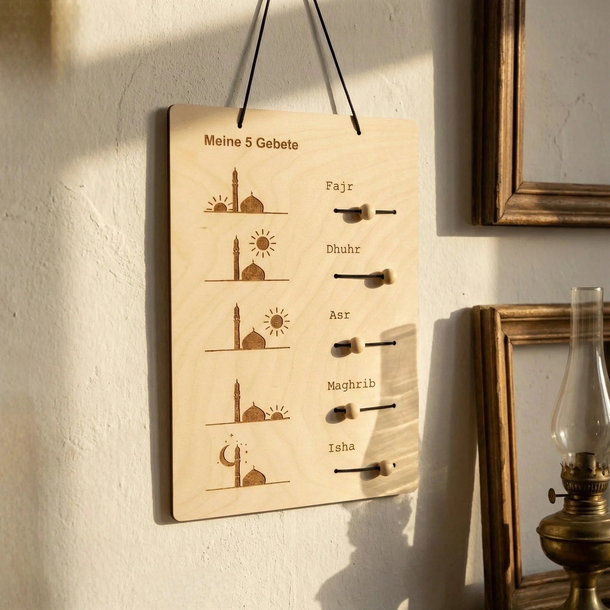 Wooden Islamic Prayer Tracker Wall Hanging – Meine 5 Gebete — Ramadan Wooden Gift | Woodwaley