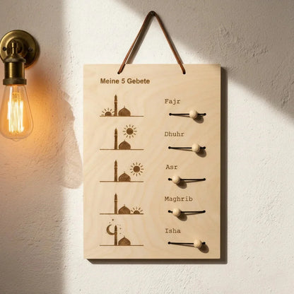 Wooden Islamic Prayer Tracker Wall Hanging – Meine 5 Gebete — Ramadan Wooden Gift | Woodwaley