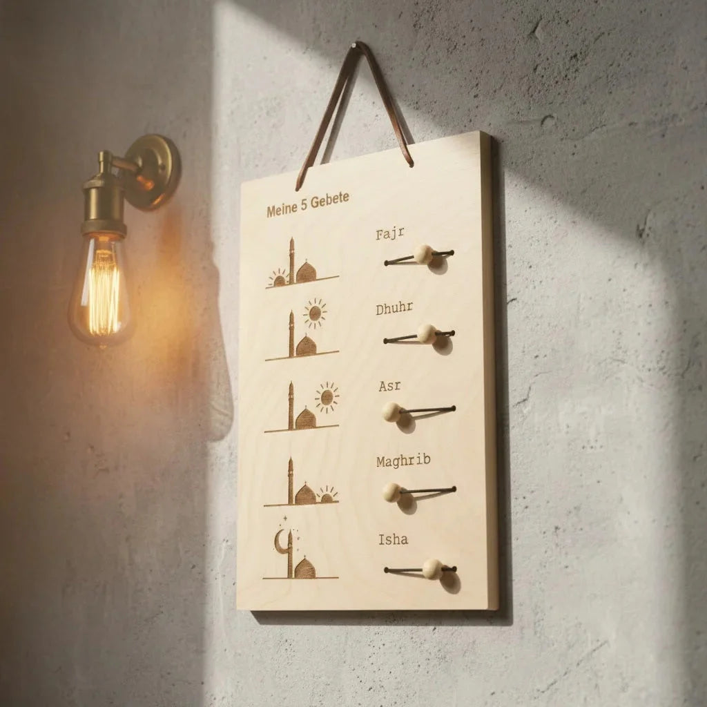 Wooden Islamic Prayer Tracker Wall Hanging – Meine 5 Gebete — Ramadan Wooden Gift | Woodwaley