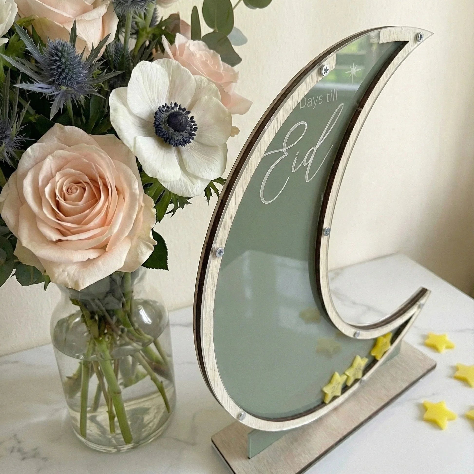 Eid Countdown Display – Wooden Crescent Moon Table Decor — Ramadan Wooden Gift | Woodwaley