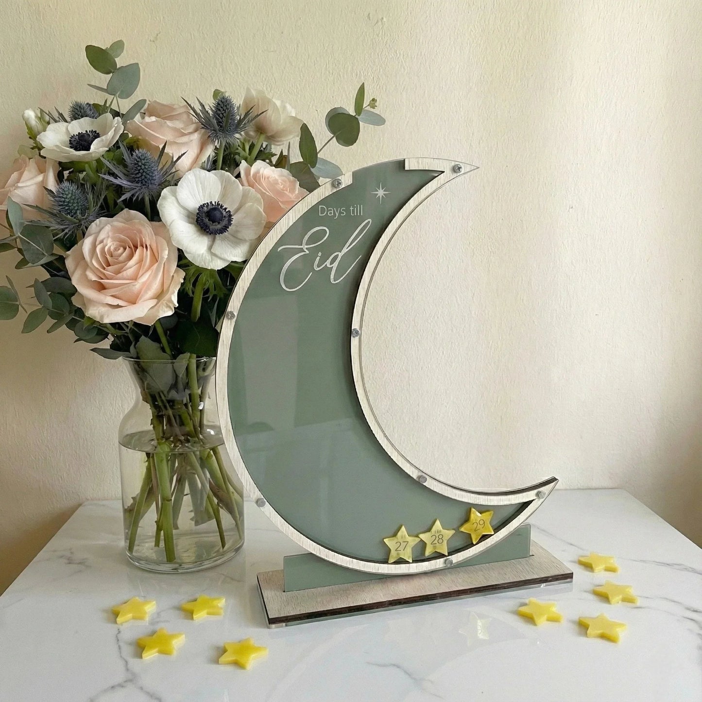Eid Countdown Display – Wooden Crescent Moon Table Decor — Ramadan Wooden Gift | Woodwaley