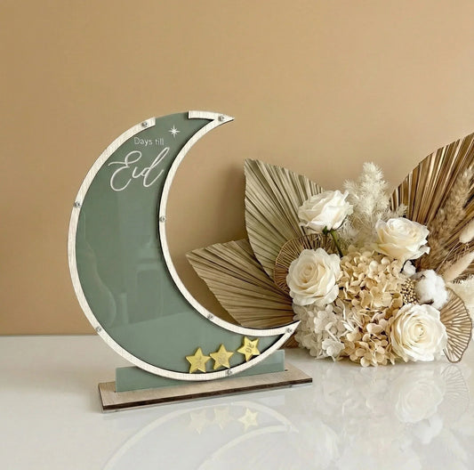 Eid Countdown Display – Wooden Crescent Moon Table Decor — Ramadan Wooden Gift | Woodwaley