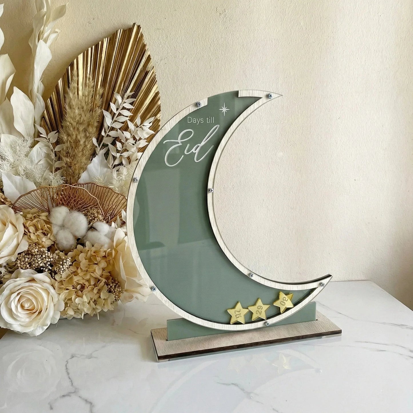 Eid Countdown Display – Wooden Crescent Moon Table Decor — Ramadan Wooden Gift | Woodwaley