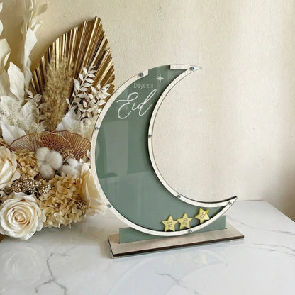 Eid Countdown Display – Wooden Crescent Moon Table Decor — Ramadan Wooden Gift | Woodwaley