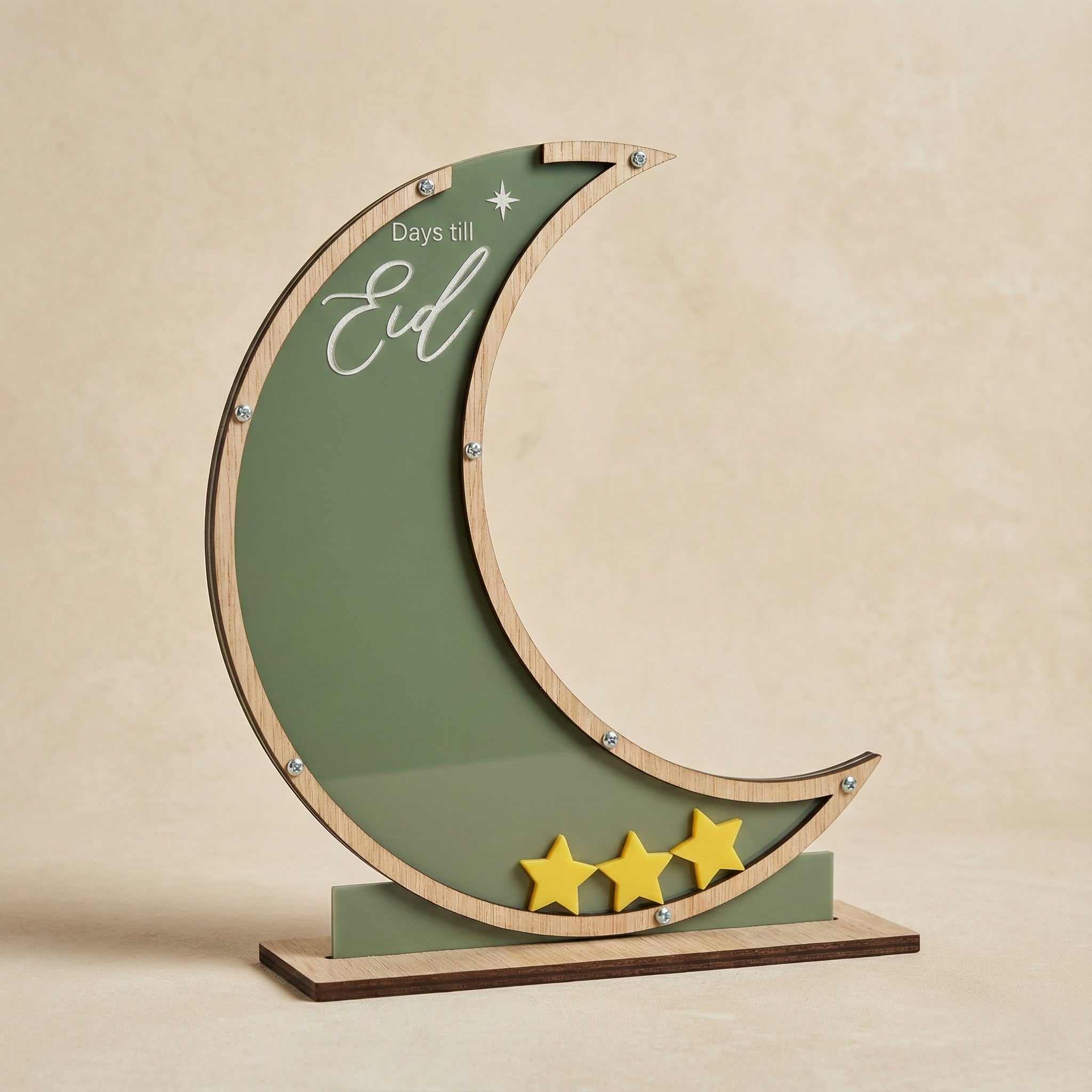 Eid Countdown Display – Wooden Crescent Moon Table Decor