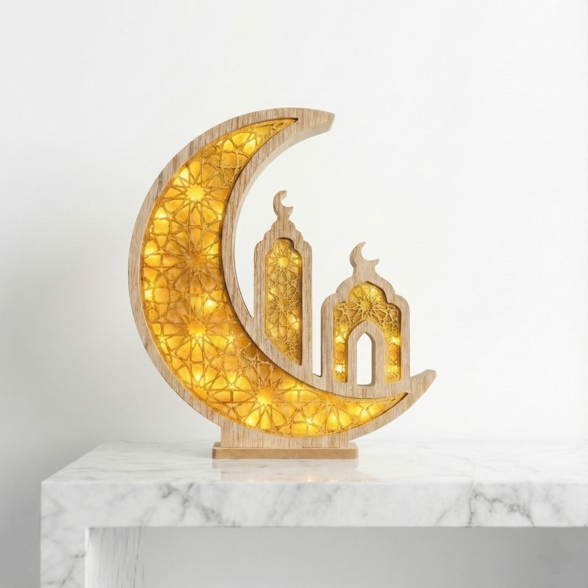 Ramadan Lantern – Wooden Crescent Mosque LED Moon Lamp
