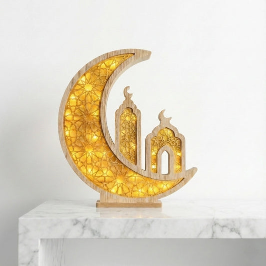 Ramadan Lantern – Wooden Crescent Mosque LED Moon Lamp