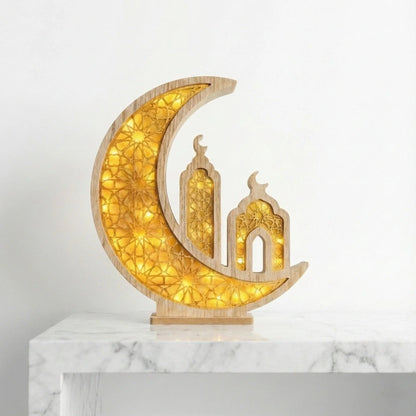 Ramadan Lantern – Wooden Crescent Mosque LED Moon Lamp — Ramadan Wooden Gift | Woodwaley