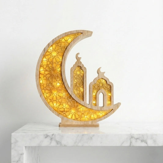 Ramadan Lantern – Wooden Crescent Mosque LED Moon Lamp — Ramadan Wooden Gift | Woodwaley