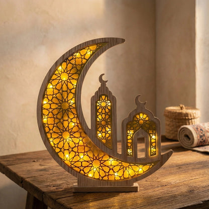 Ramadan Lantern – Wooden Crescent Mosque LED Moon Lamp — Ramadan Wooden Gift | Woodwaley