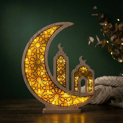 Ramadan Lantern – Wooden Crescent Mosque LED Moon Lamp — Ramadan Wooden Gift | Woodwaley