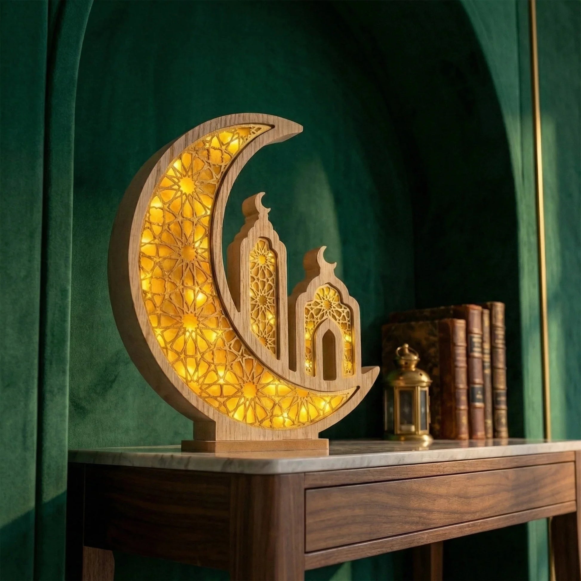 Ramadan Lantern – Wooden Crescent Mosque LED Moon Lamp — Ramadan Wooden Gift | Woodwaley