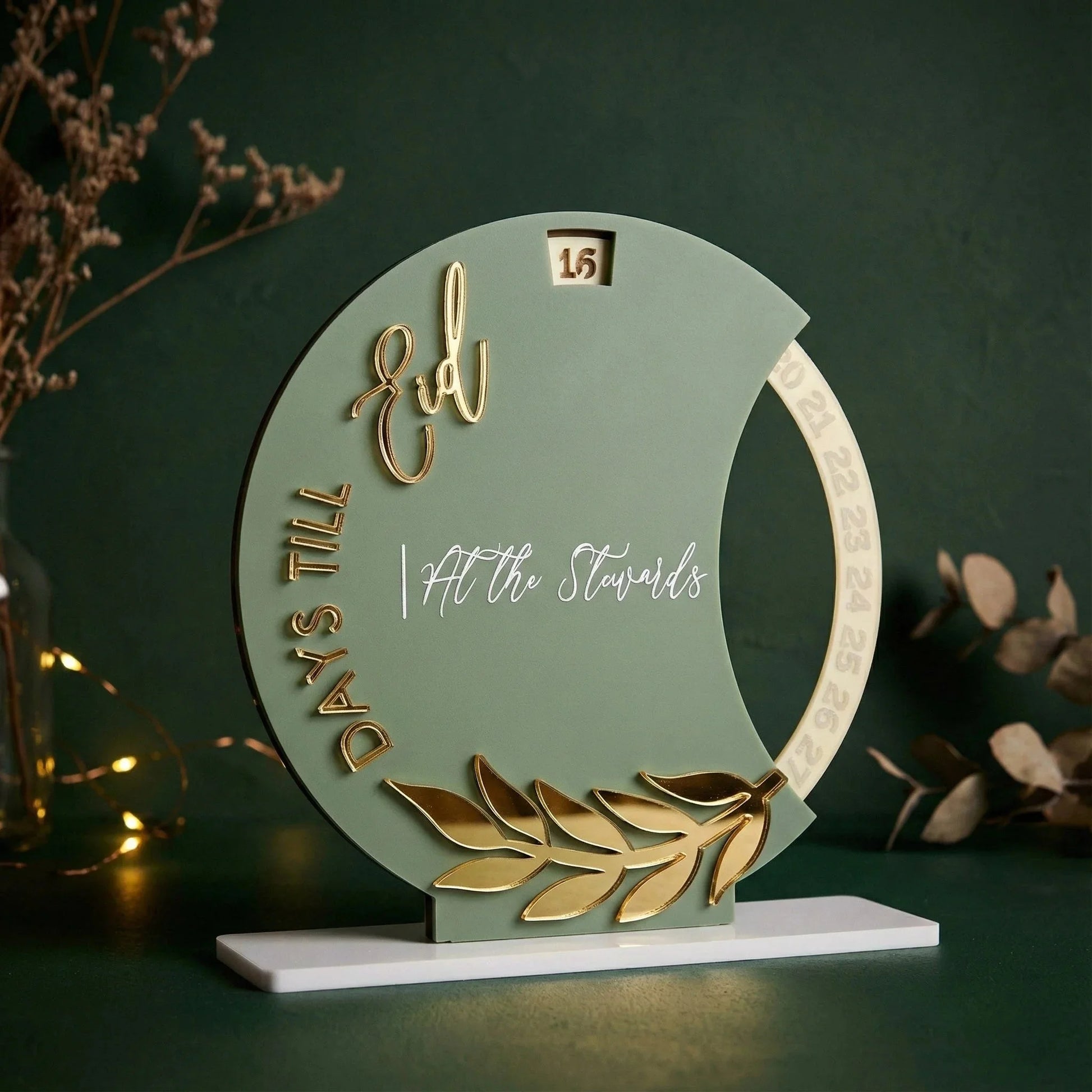 Sage Green & Gold Eid Mubarak Countdown Acrylic Tabletop Decoration — Ramadan Wooden Gift | Woodwaley
