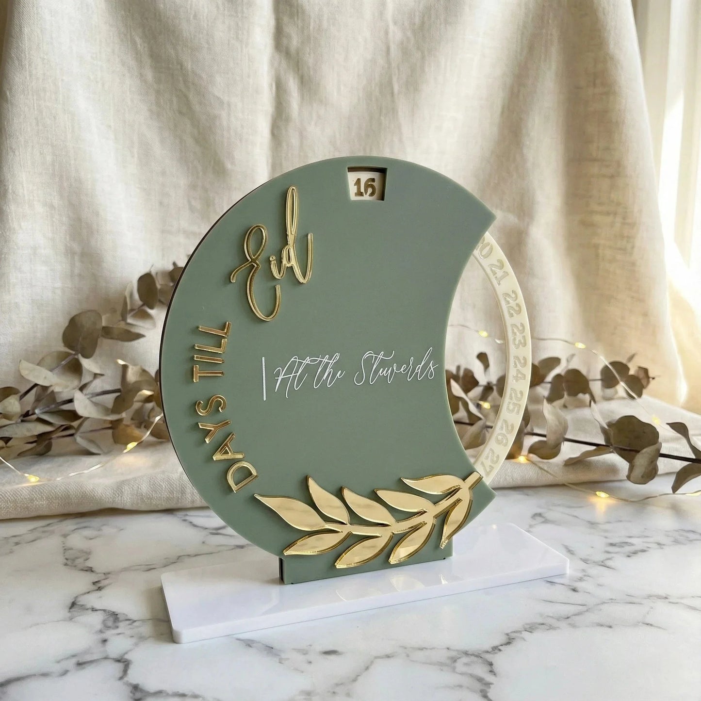 Sage Green & Gold Eid Mubarak Countdown Acrylic Tabletop Decoration — Ramadan Wooden Gift | Woodwaley