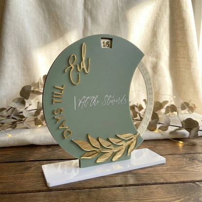 Sage Green & Gold Eid Mubarak Countdown Acrylic Tabletop Decoration — Ramadan Wooden Gift | Woodwaley
