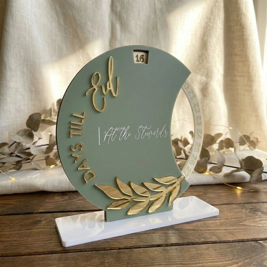 Sage Green & Gold Eid Mubarak Countdown Acrylic Tabletop Decoration — Ramadan Wooden Gift | Woodwaley