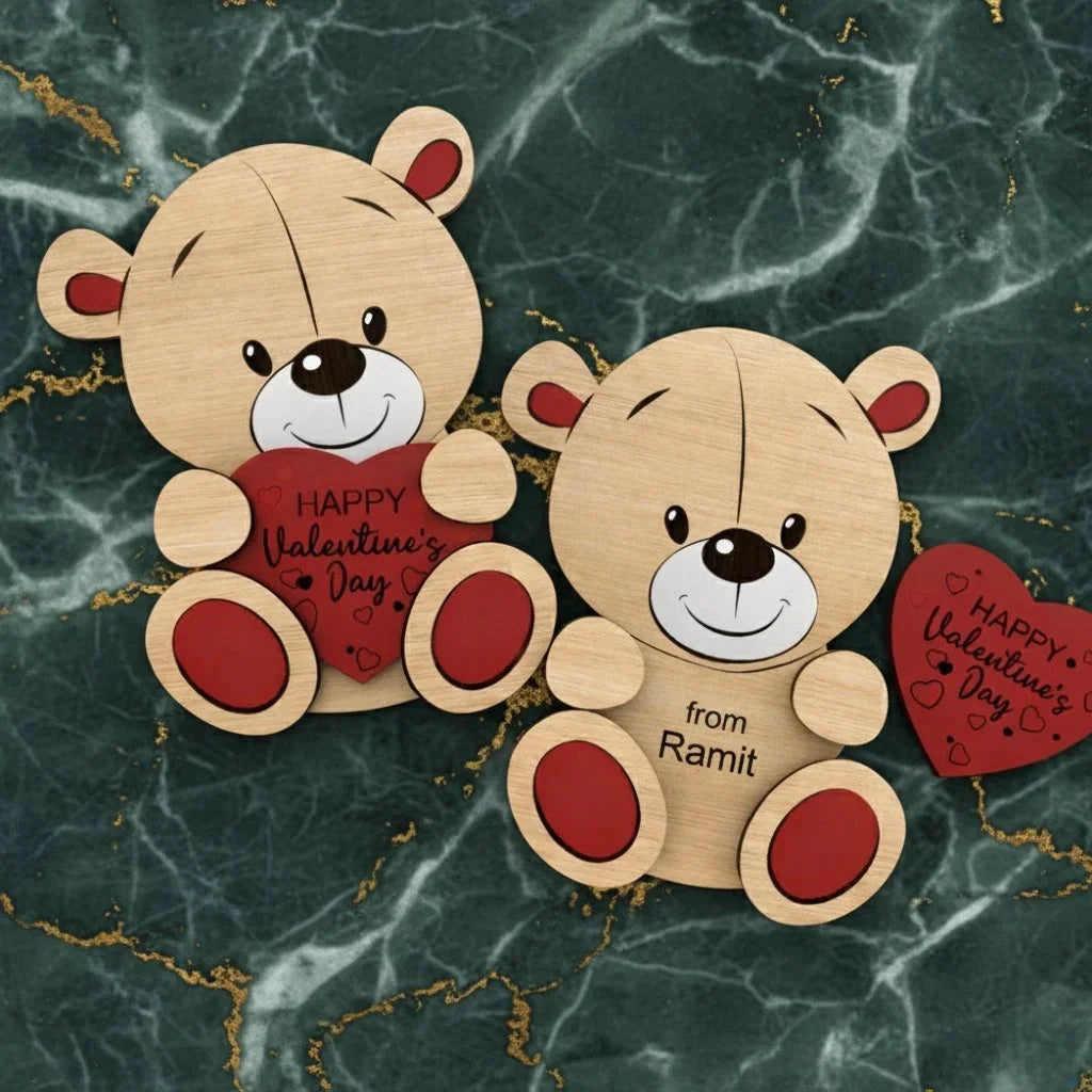 Personalized Wooden Teddy Bear with Heart For Valentines Week (6 inch) — Couples Wooden Gift | Woodwaley
