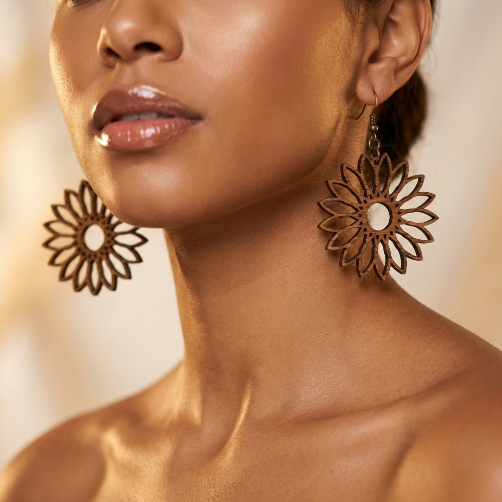 Handcrafted Sunflower Wood Earrings, Rustic Floral Dangles