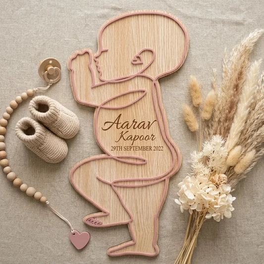 Baby Outline Birth Keepsake Plaque — Personalized Wooden Newborn Plaque — Baby Milestone Wooden Gift | Woodwaley
