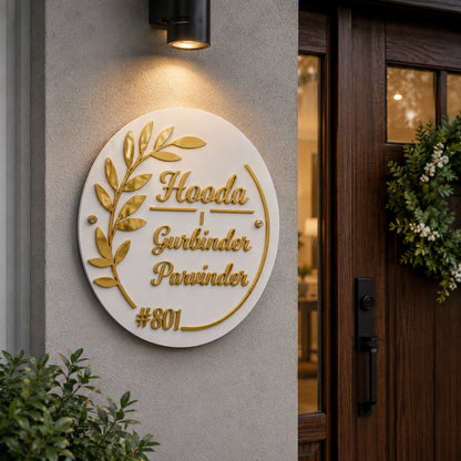 Grand Entrance Gold Leaf Round Door Name Plate — outdoor lifestyle