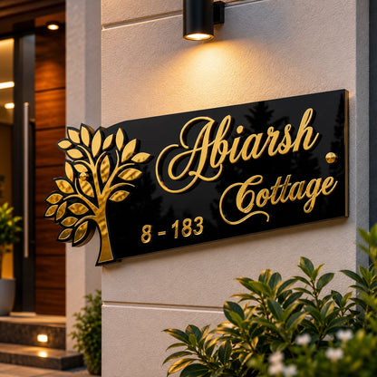 Rooted in Gold Tree Design Acrylic House Name Plate — outdoor wall lifestyle