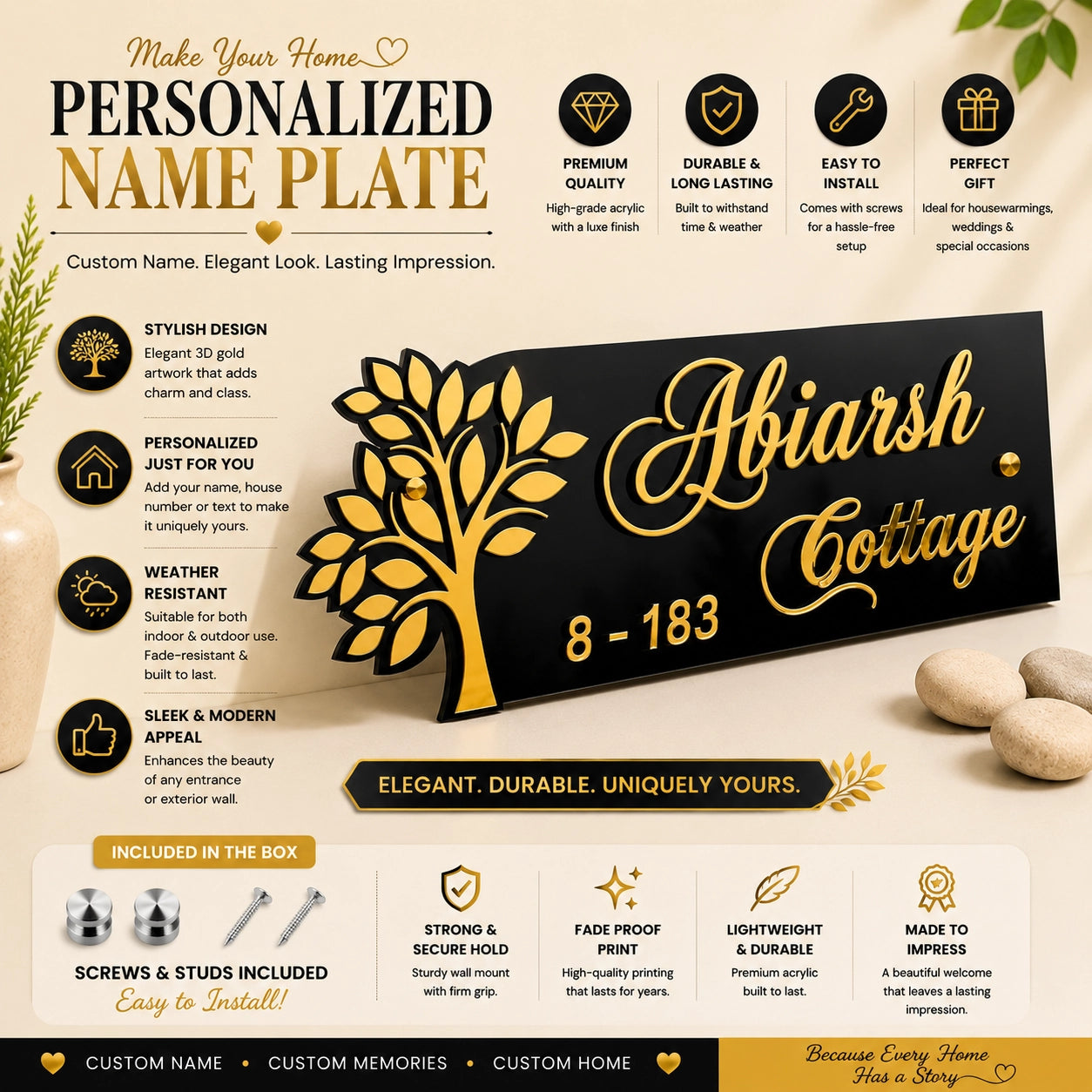 Rooted in Gold Tree Design Acrylic House Name Plate — product shot