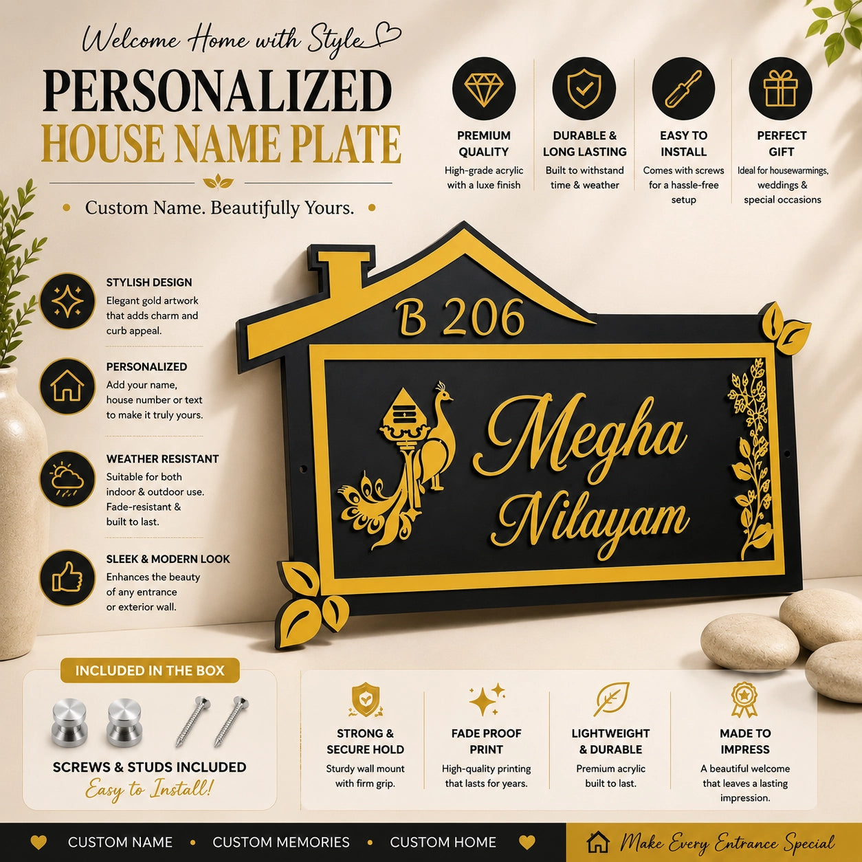 House of Gold Peacock House-Shaped Acrylic Name Plate — product shot