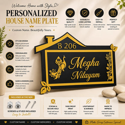 House of Gold Peacock House-Shaped Acrylic Name Plate — product shot