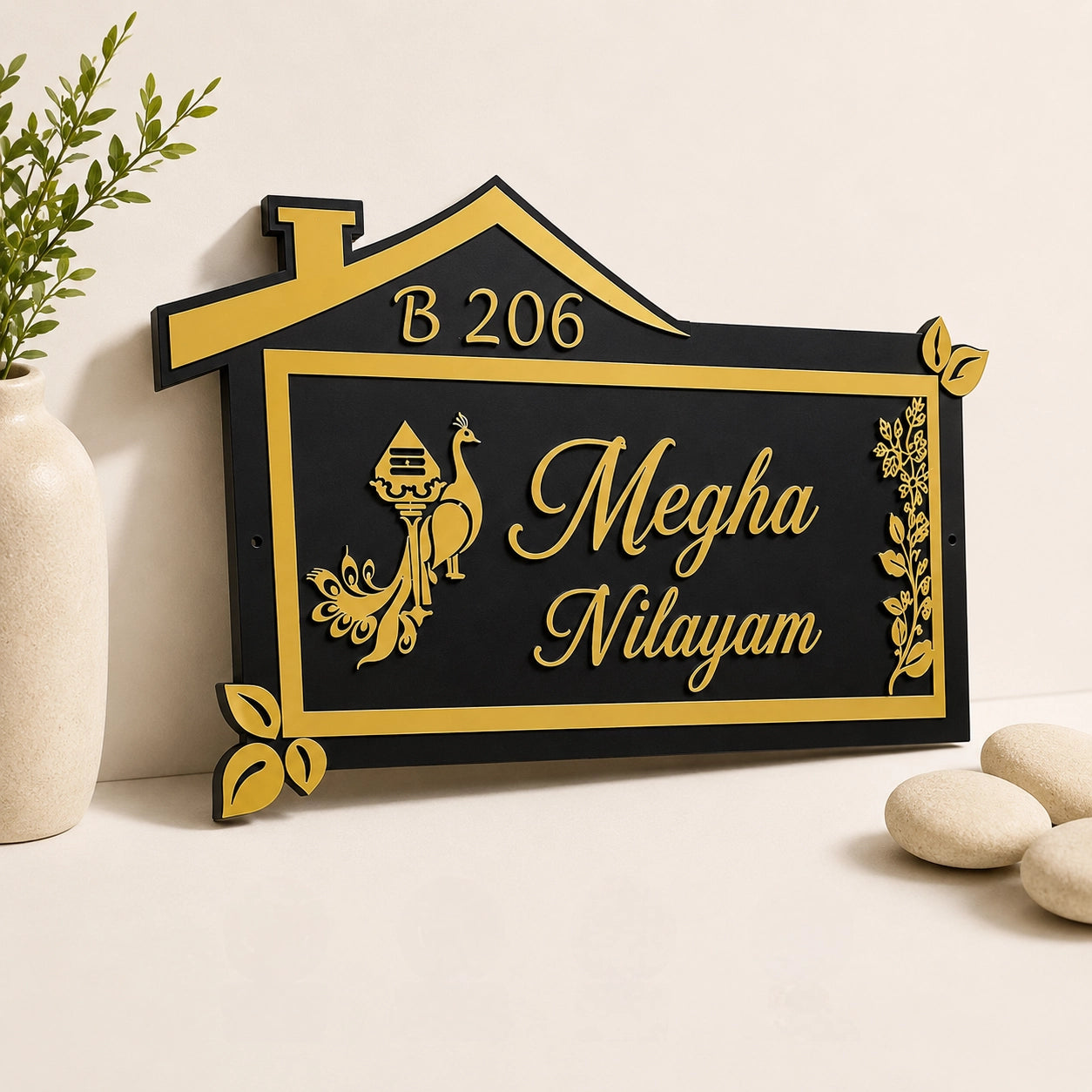 House of Gold Peacock House-Shaped Acrylic Name Plate — close up