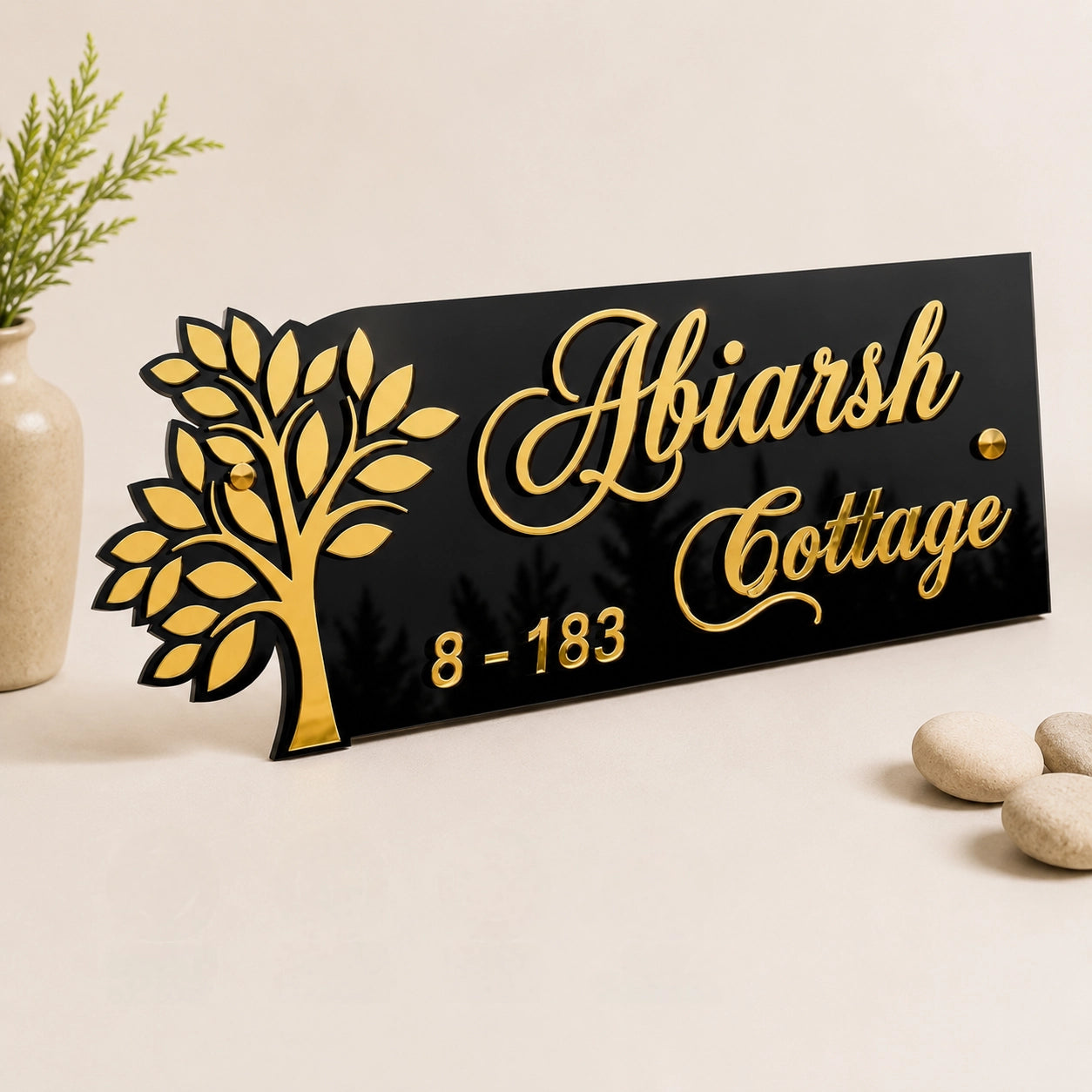 Rooted in Gold Tree Design Acrylic House Name Plate — detail