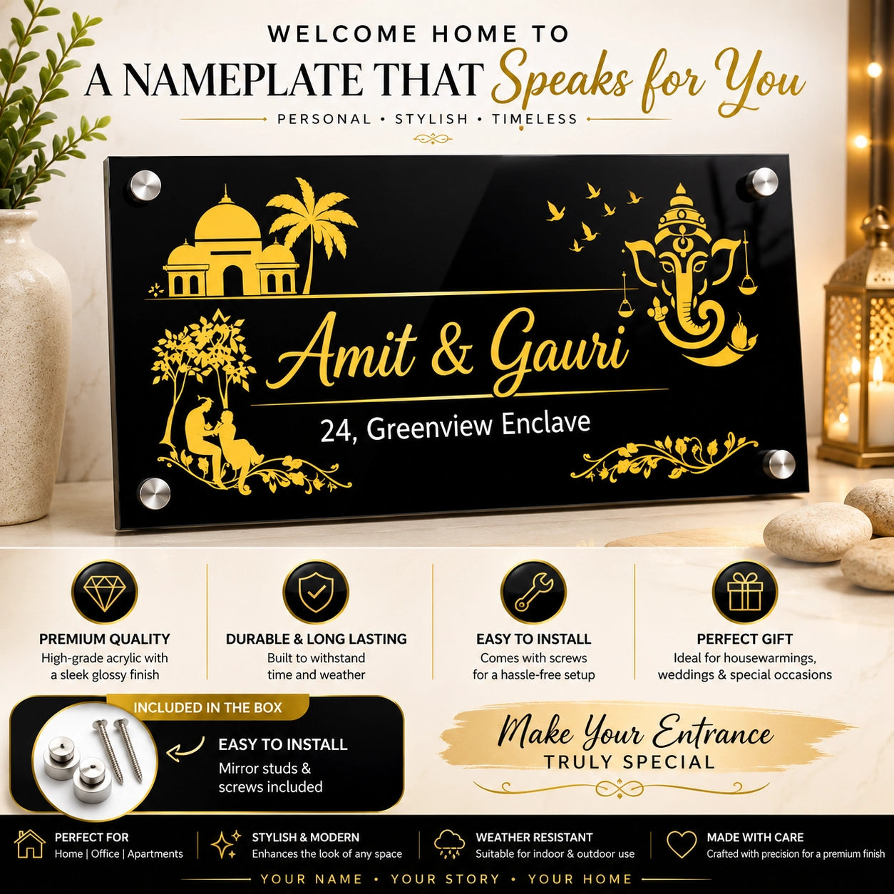 Love Lives Here Couple Acrylic Name Plate — door detail