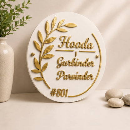 Grand Entrance Gold Leaf Round Door Name Plate — detail