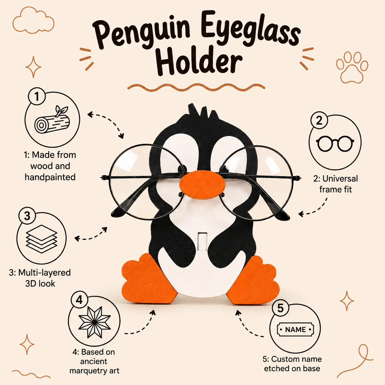 Baby Pingu The Spec Keeper — Carved Wooden Eyeglass Stand for Desk, Gifting
