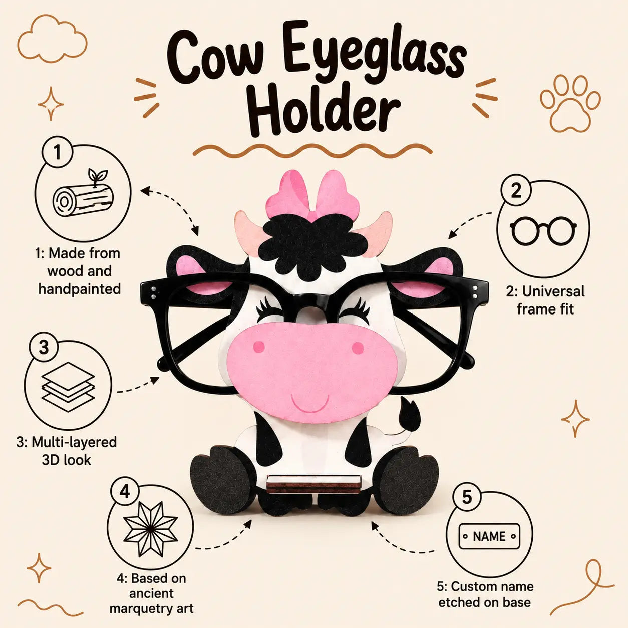 MooMoo The Spec Keeper — Carved Wooden Eyeglass Stand
