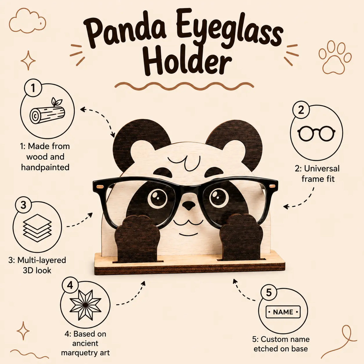 Pookie Panda The Spec Keeper — Carved Wooden Eyeglass Stand for Desk, Gifting