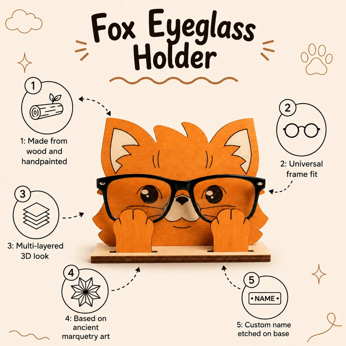 Miss Foxie The Spec Keeper — Carved Wooden Eyeglass Stand