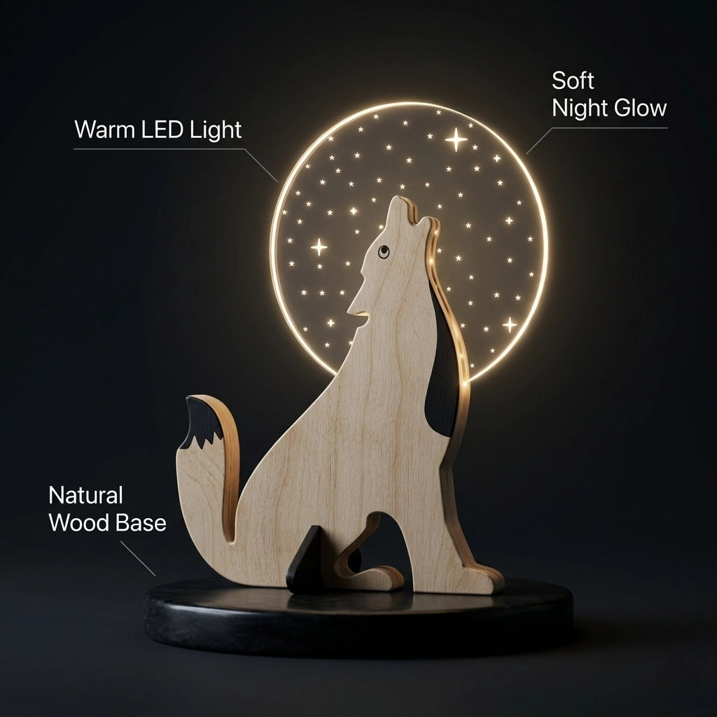 Wolf Wooden Table Lamp moon LED disc glow