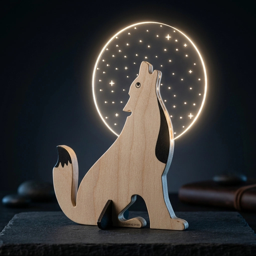 Wolf Wooden Table Lamp howling moon stars dramatic dark