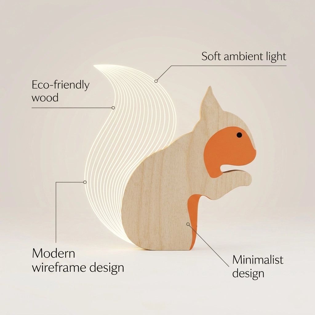 Squirrel Wooden Table Lamp product infographic specs