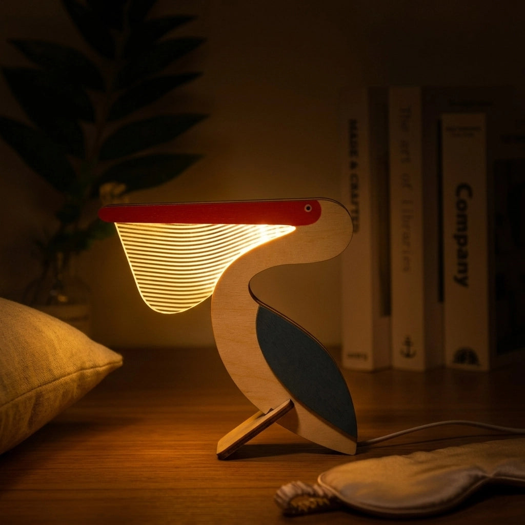 Catch of the Day Pelican Wooden Table Lamp — warm desk night glow
