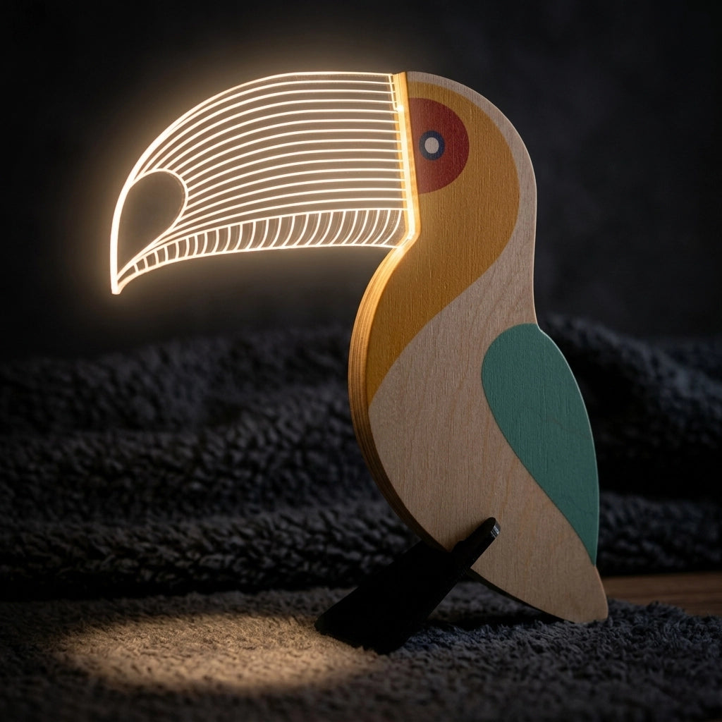 Toucan Wooden Table Lamp — yellow teal red painted panels