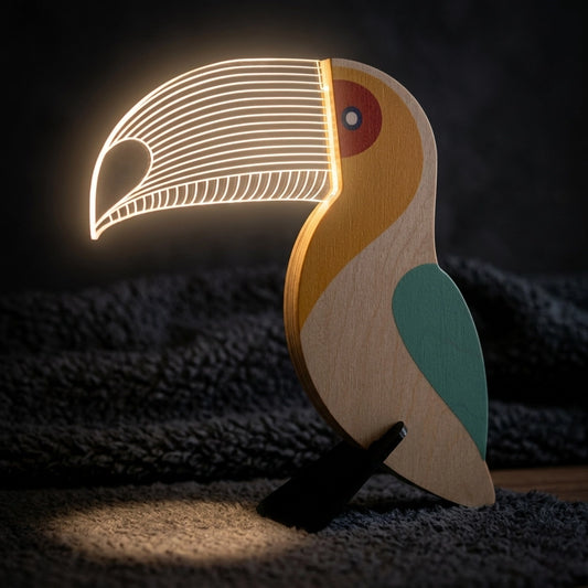 Toucan Wooden Table Lamp — yellow teal red painted panels